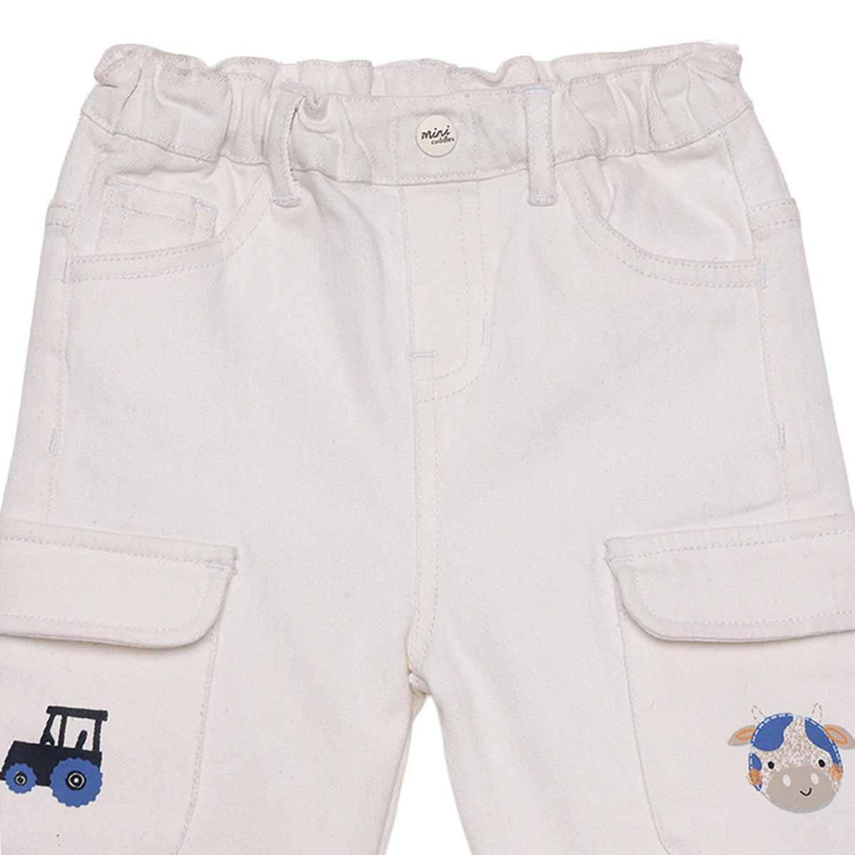 Baby Boys White Denim Tractor And Cow Printed Pant Regular Fit Casual Wear