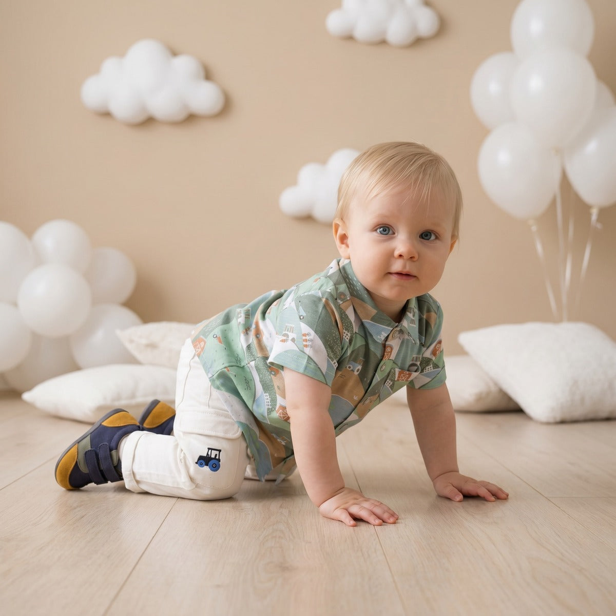 Baby Boys White Denim Tractor And Cow Printed Pant Regular Fit Casual Wear
