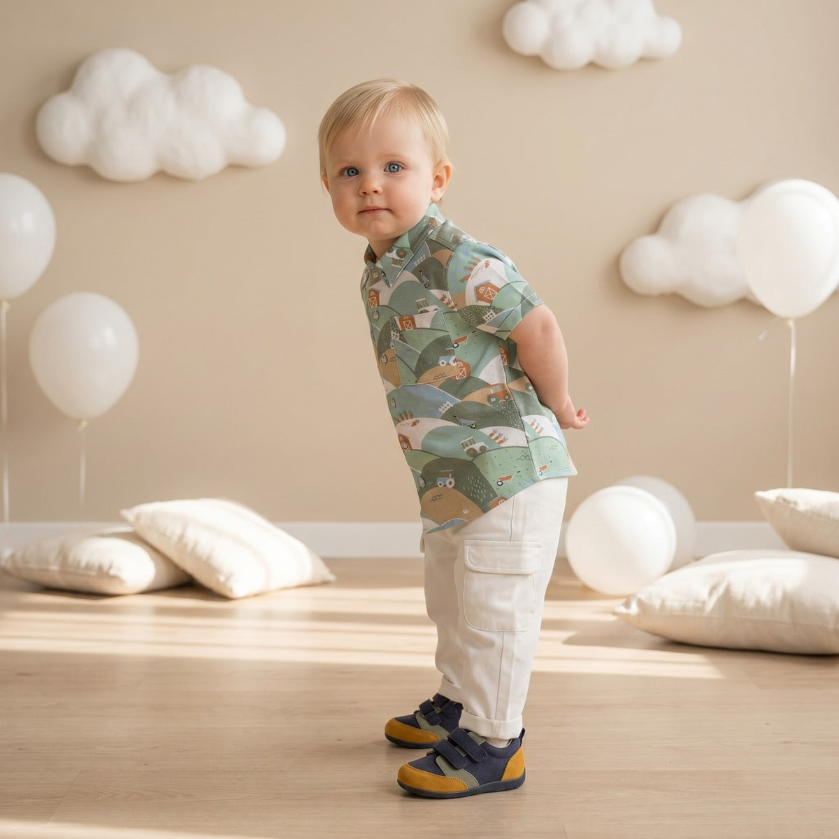 Baby Boys White Denim Tractor And Cow Printed Pant Regular Fit Casual Wear