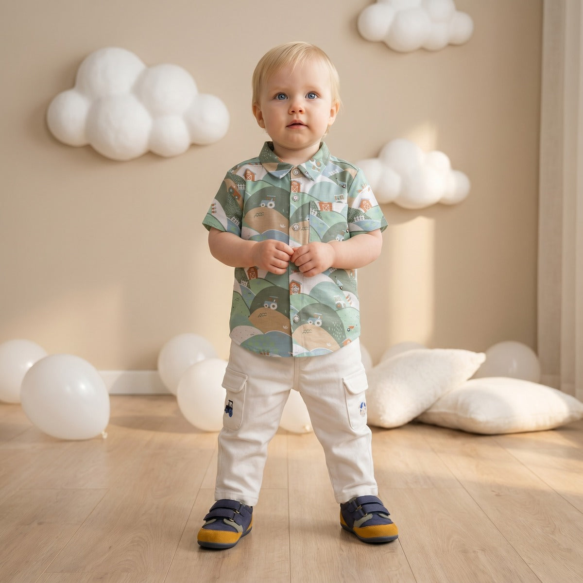 Baby Boys White Denim Tractor And Cow Printed Pant Regular Fit Casual Wear