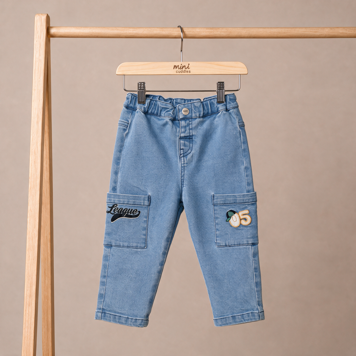 Baby Boys Light Blue Cotton Blend Embroidered Denim Pants Regular Fit Casual Wear