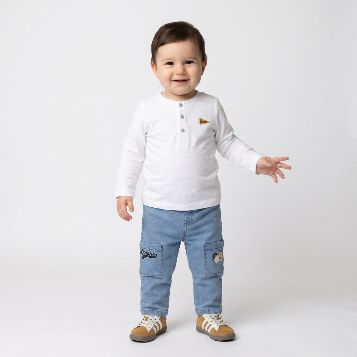 Baby Boys Light Blue Cotton Blend Embroidered Denim Pants Regular Fit Casual Wear