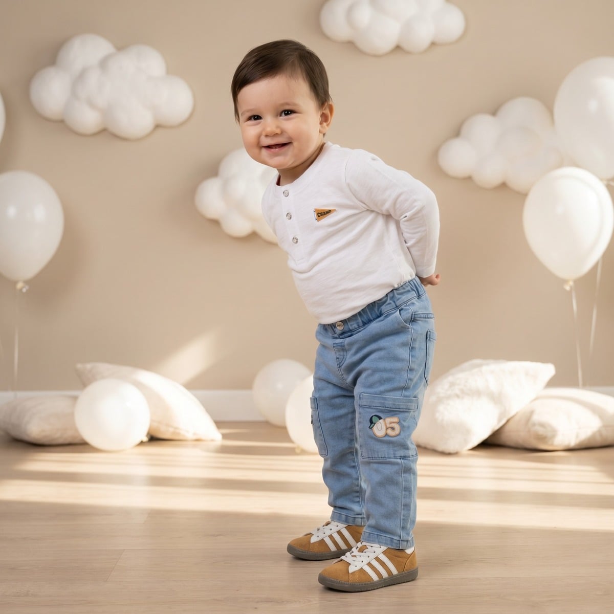 Baby Boys Light Blue Cotton Blend Embroidered Denim Pants Regular Fit Casual Wear