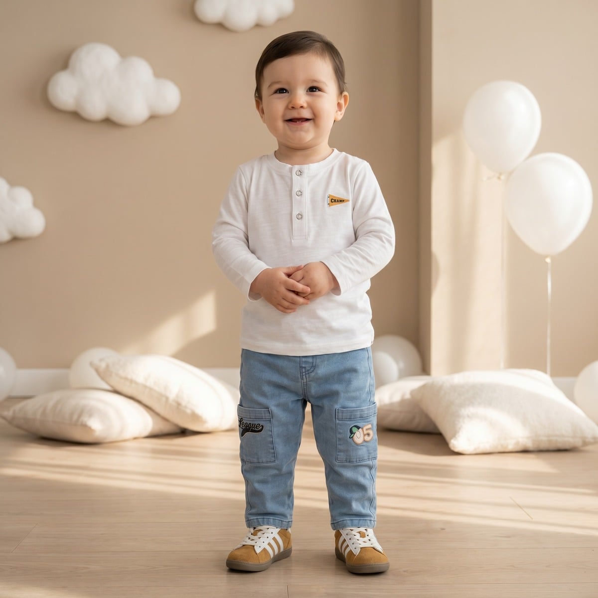 Baby Boys Light Blue Cotton Blend Embroidered Denim Pants Regular Fit Casual Wear