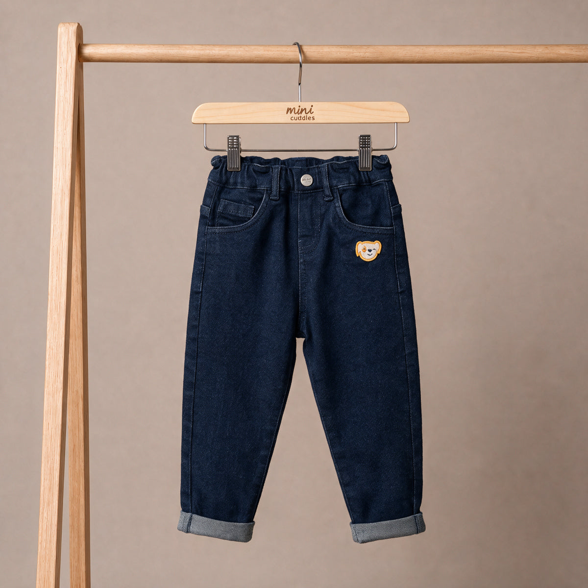 Baby Boys Dark Wash Blue Cotton Denim Pants Bear Badge Regular Fit Casual Wear