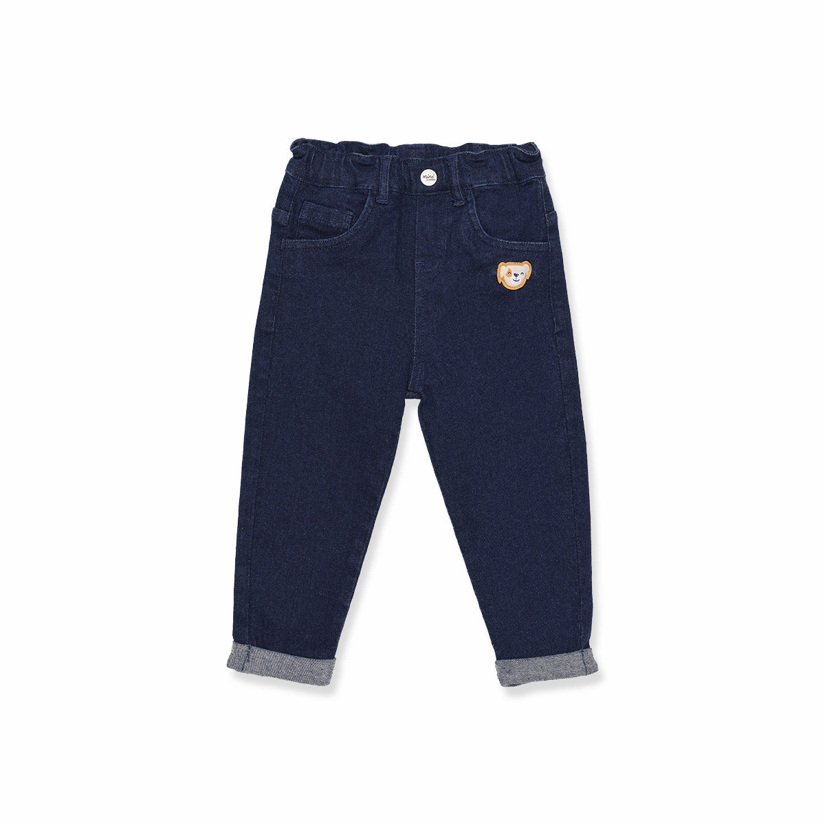 Baby Boys Dark Wash Blue Cotton Denim Pants Bear Badge Regular Fit Casual Wear