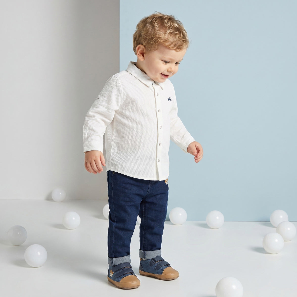 Baby Boys Dark Wash Blue Cotton Denim Pants Bear Badge Regular Fit Casual Wear