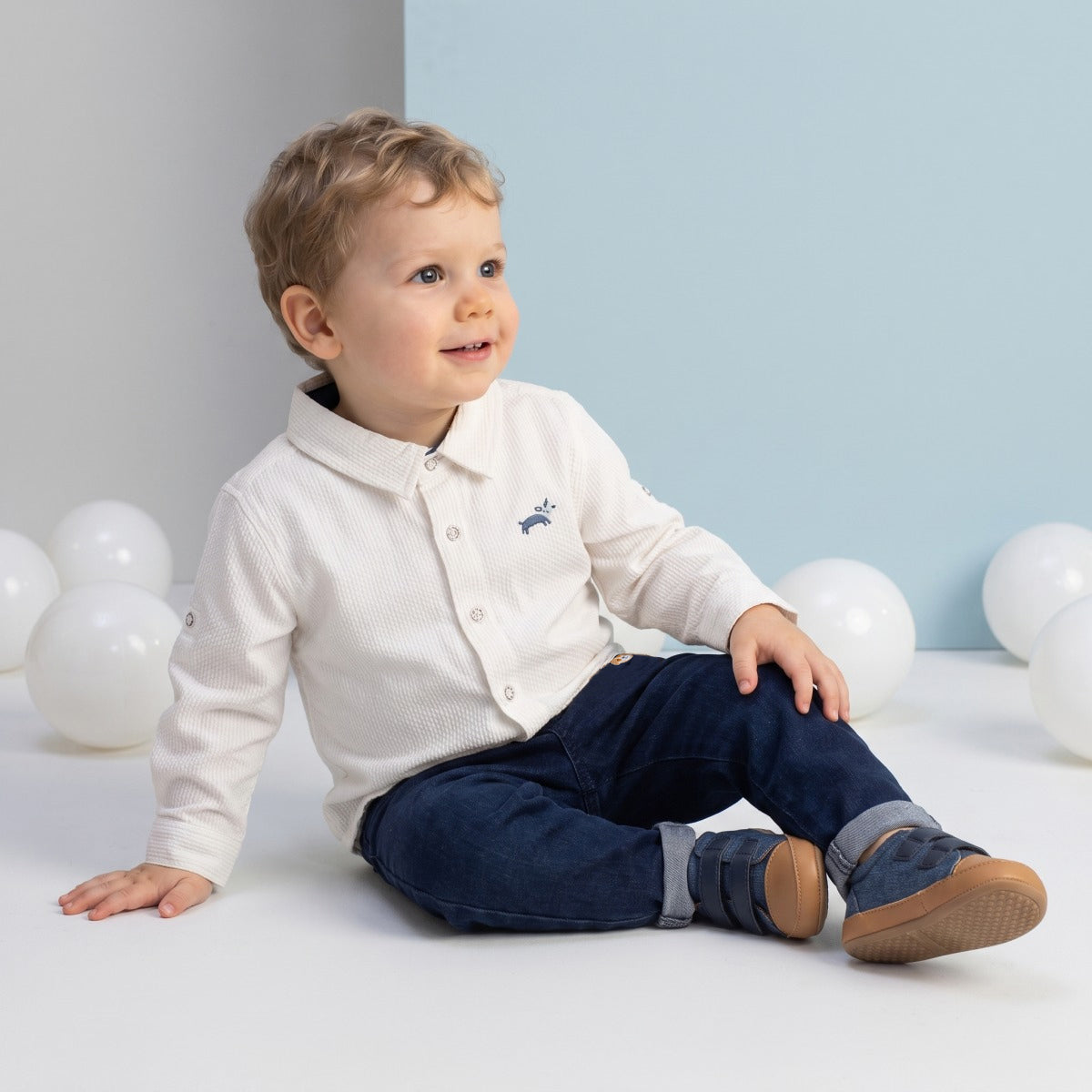 Baby Boys Dark Wash Blue Cotton Denim Pants Bear Badge Regular Fit Casual Wear