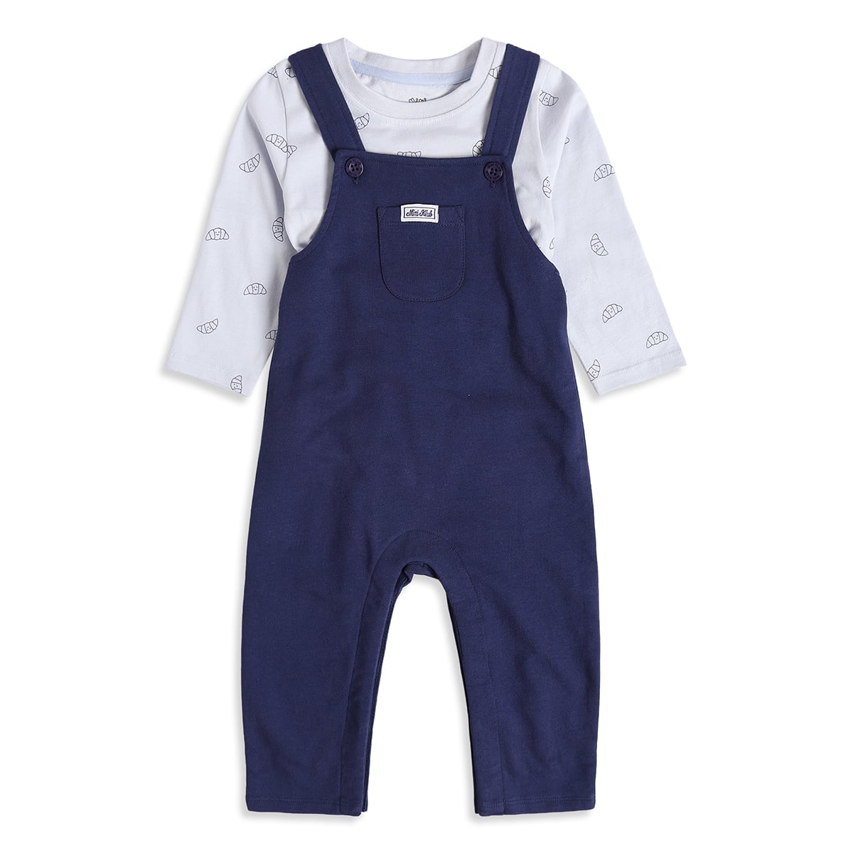 Baby Boys Light Blue And Navy Cotton Croissant Printed T-Shirt And Dungaree Set Regular Fit Casual Wear