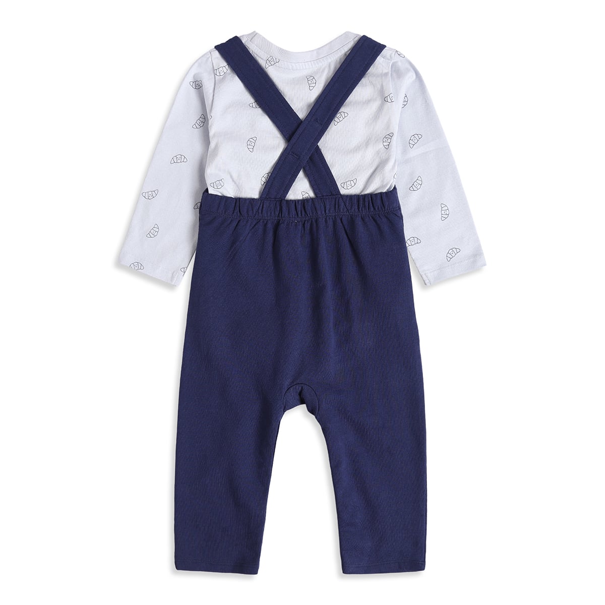 Baby Boys Light Blue And Navy Cotton Croissant Printed T-Shirt And Dungaree Set Regular Fit Casual Wear