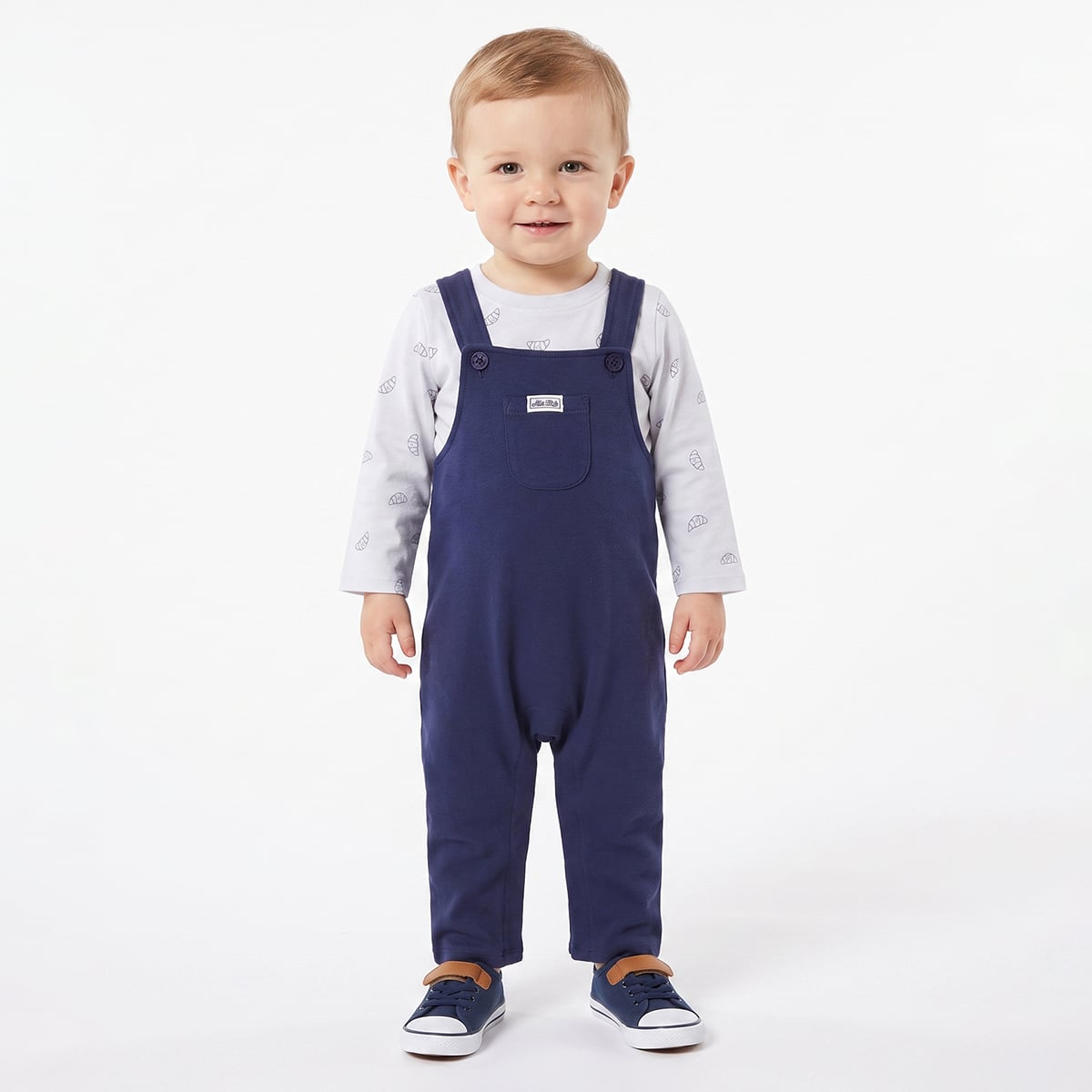 Baby Boys Light Blue And Navy Cotton Croissant Printed T-Shirt And Dungaree Set Regular Fit Casual Wear