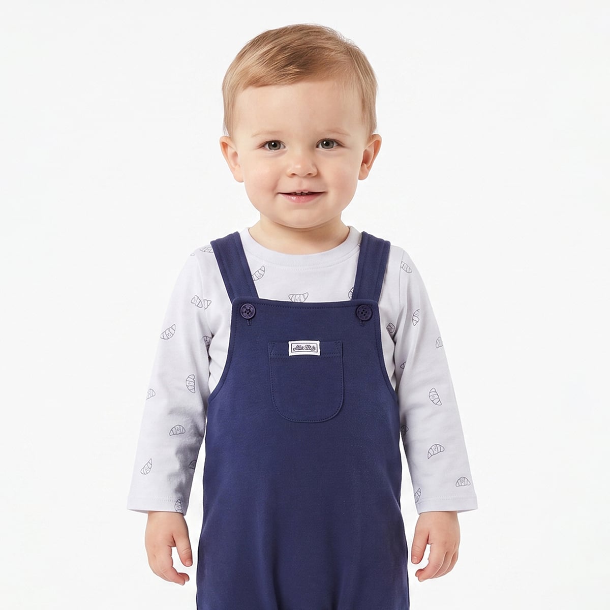 Baby Boys Light Blue And Navy Cotton Croissant Printed T-Shirt And Dungaree Set Regular Fit Casual Wear