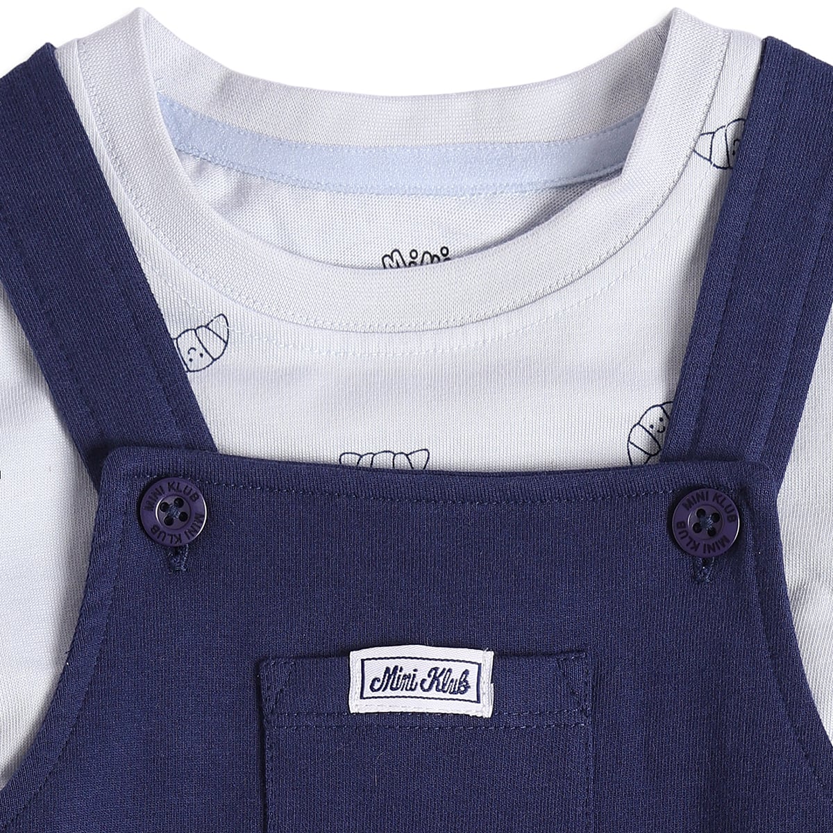 Baby Boys Light Blue And Navy Cotton Croissant Printed T-Shirt And Dungaree Set Regular Fit Casual Wear