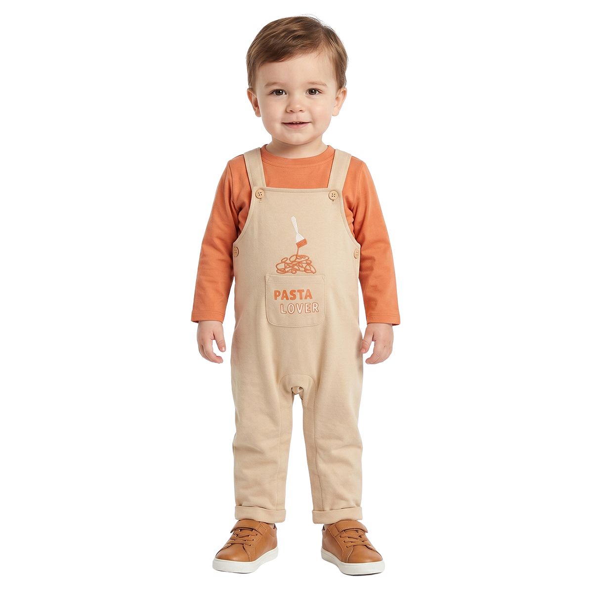 Baby Boys Beige Dungaree with Orange T Shirt Casual Outfit Set