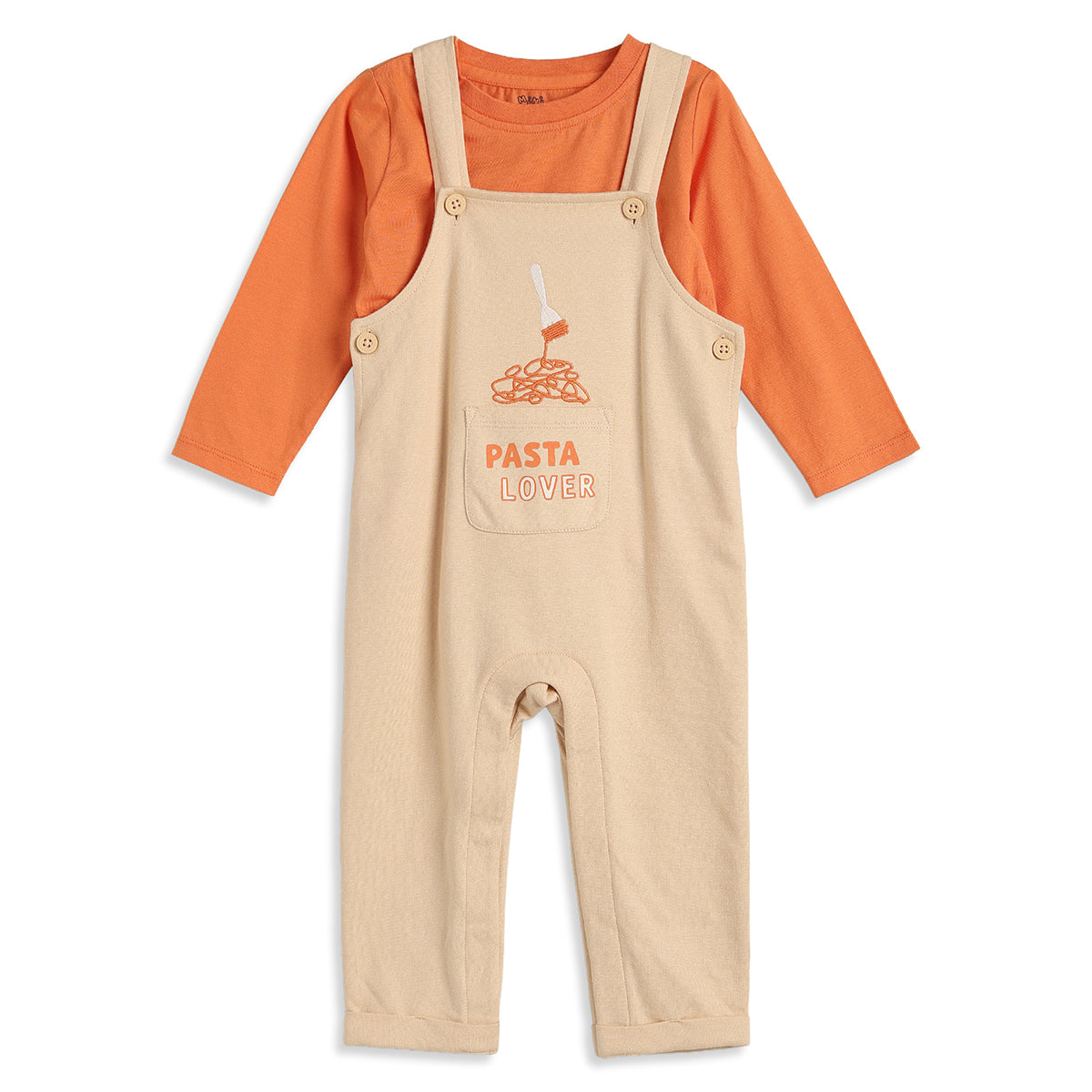 Baby Boys Beige Dungaree with Orange Full Sleeves T-Shirt Casual Outfit Set