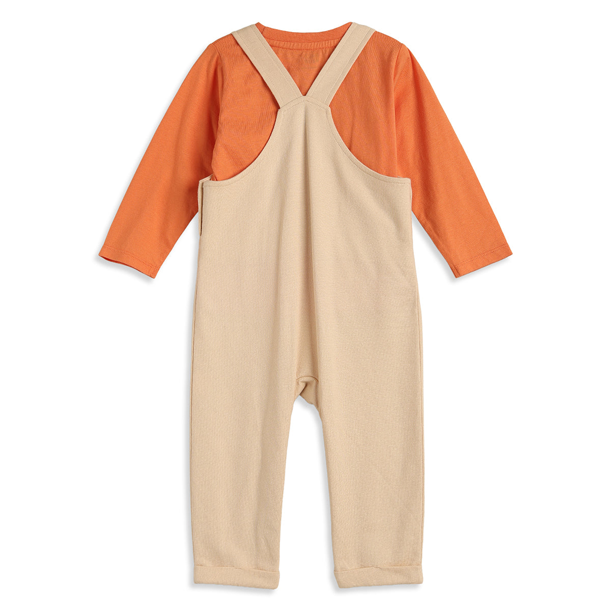 Baby Boys Beige Dungaree with Orange Full Sleeves T-Shirt Casual Outfit Set