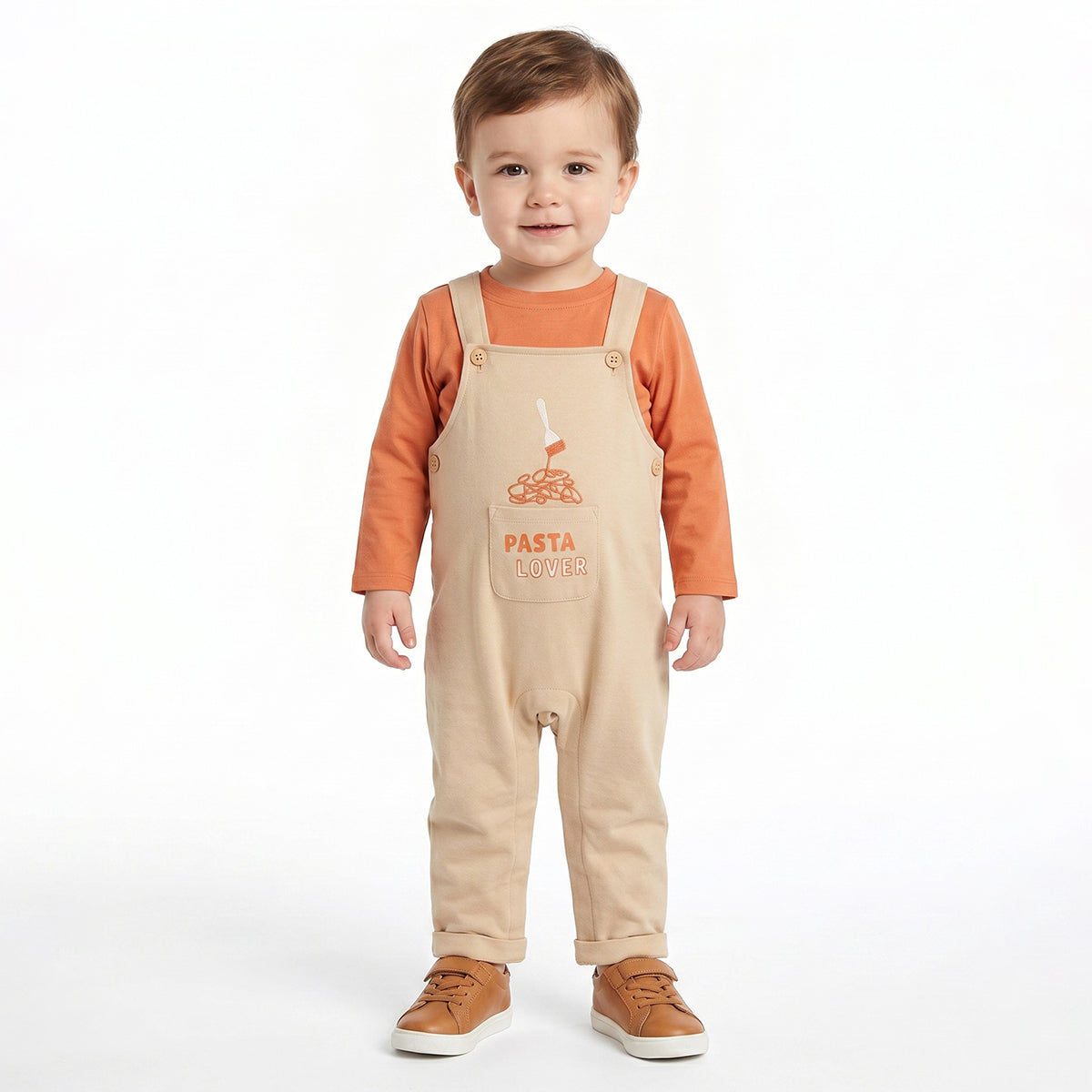 Baby Boys Beige Dungaree with Orange Full Sleeves T-Shirt Casual Outfit Set