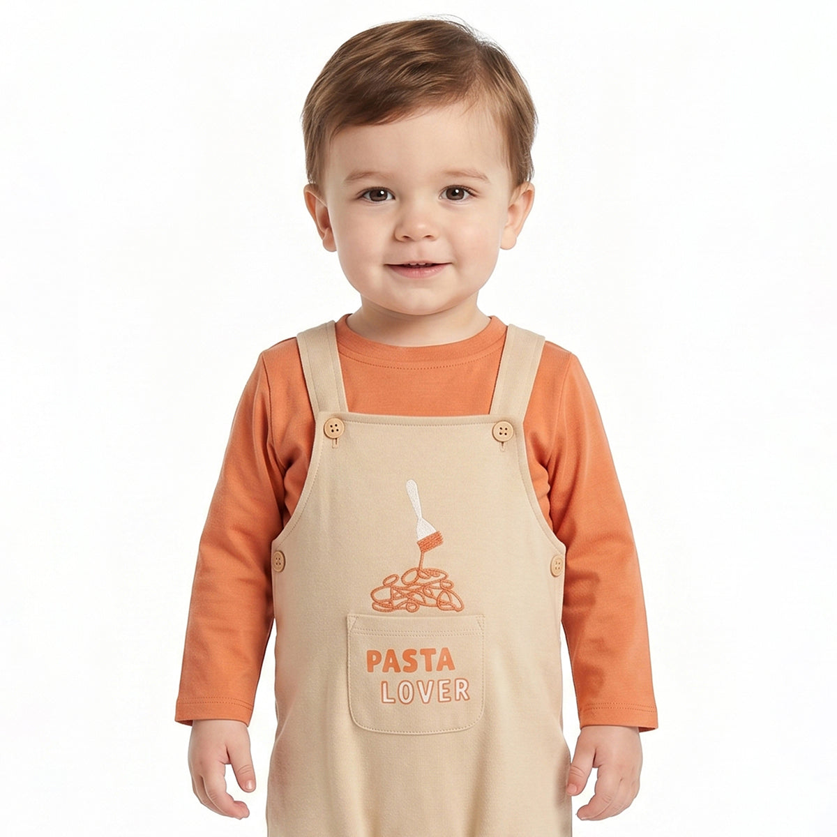 Baby Boys Beige Dungaree with Orange Full Sleeves T-Shirt Casual Outfit Set