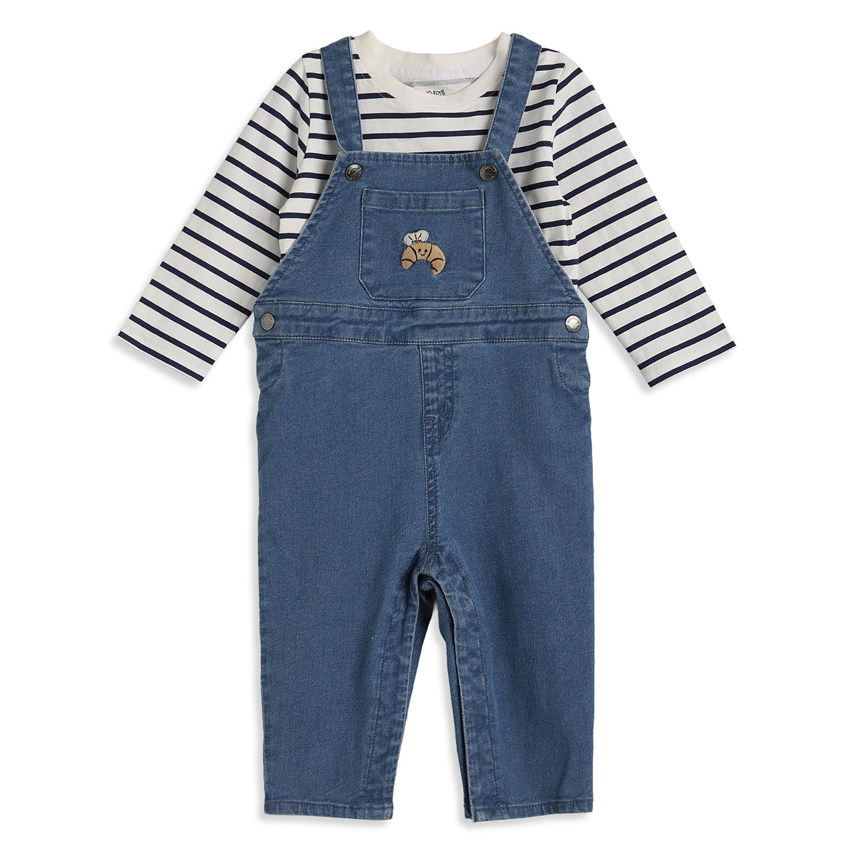 Baby Boys Blue Denim Dungaree with White & Navy Striped Full Sleeves T-Shirt Casual Outfit Set