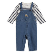 Baby Boys Blue Denim Dungaree with White & Navy Striped Full Sleeves T-Shirt Casual Outfit Set