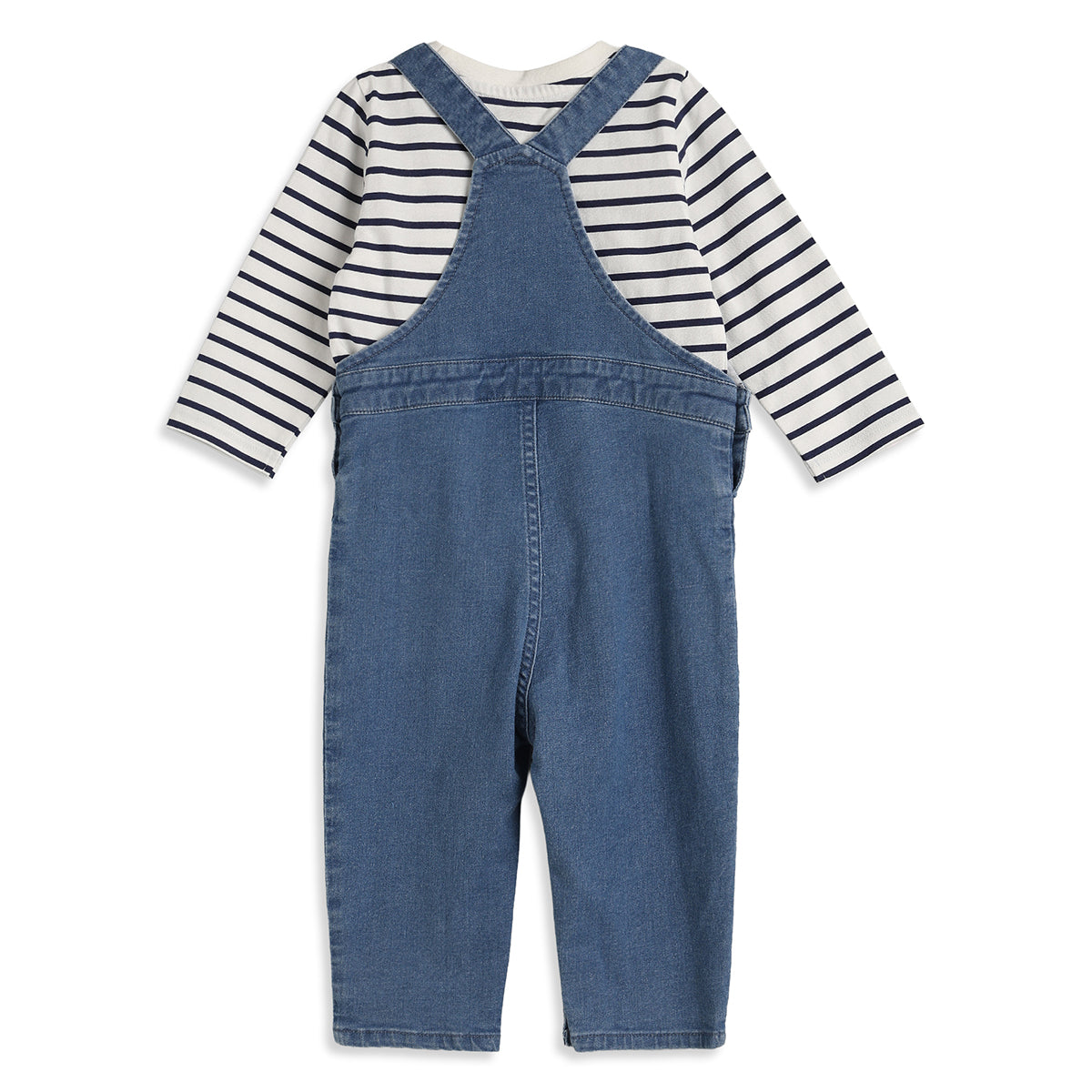 Baby Boys Blue Denim Dungaree with White & Navy Striped Full Sleeves T-Shirt Casual Outfit Set
