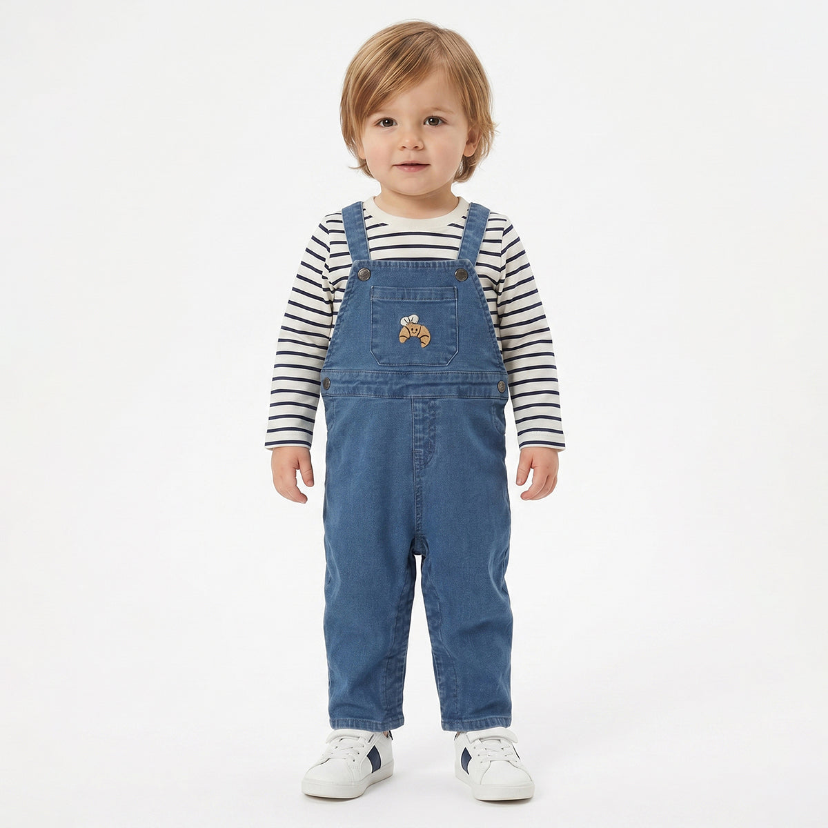 Baby Boys Blue Denim Dungaree with White & Navy Striped Full Sleeves T-Shirt Casual Outfit Set