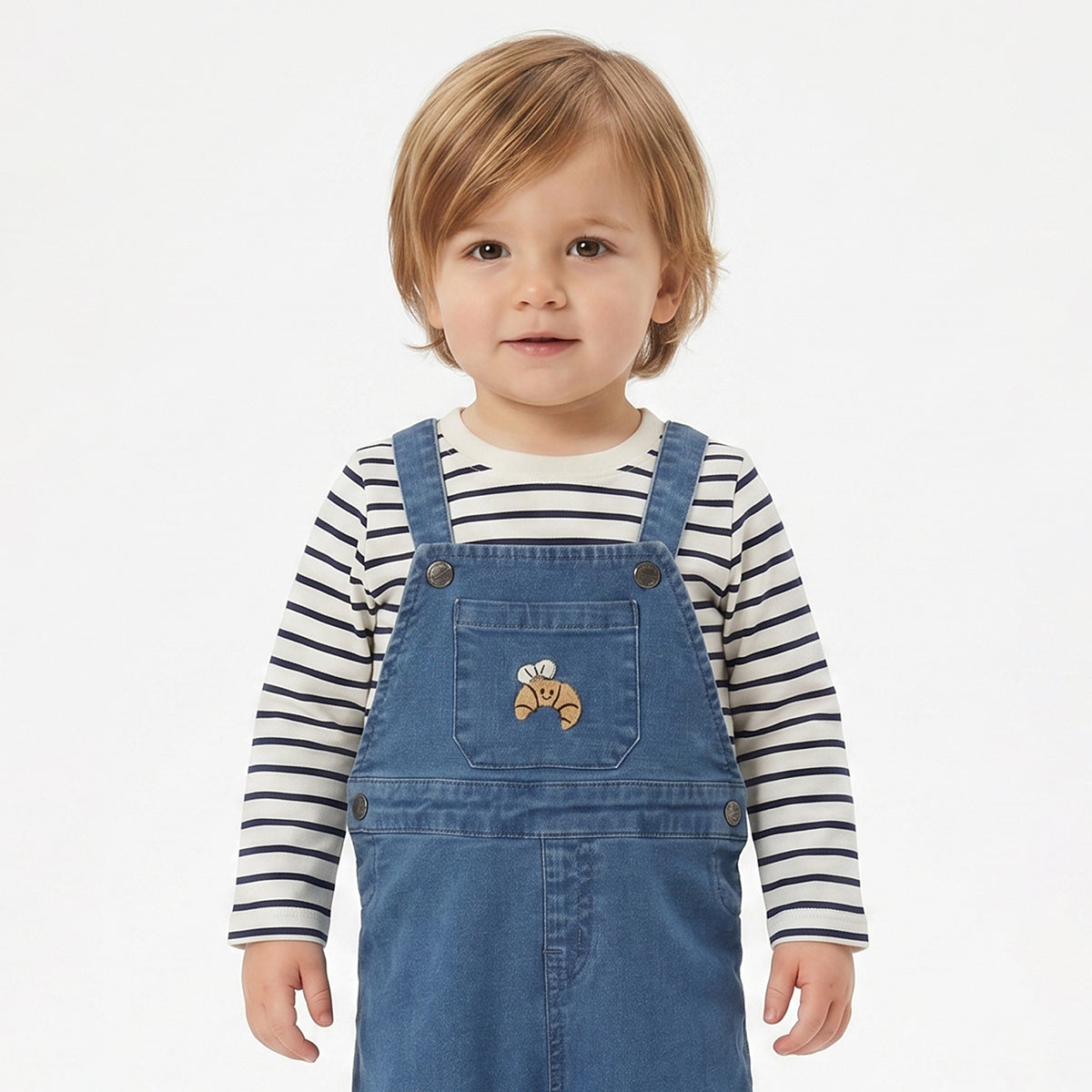 Baby Boys Blue Denim Dungaree with White & Navy Striped Full Sleeves T-Shirt Casual Outfit Set