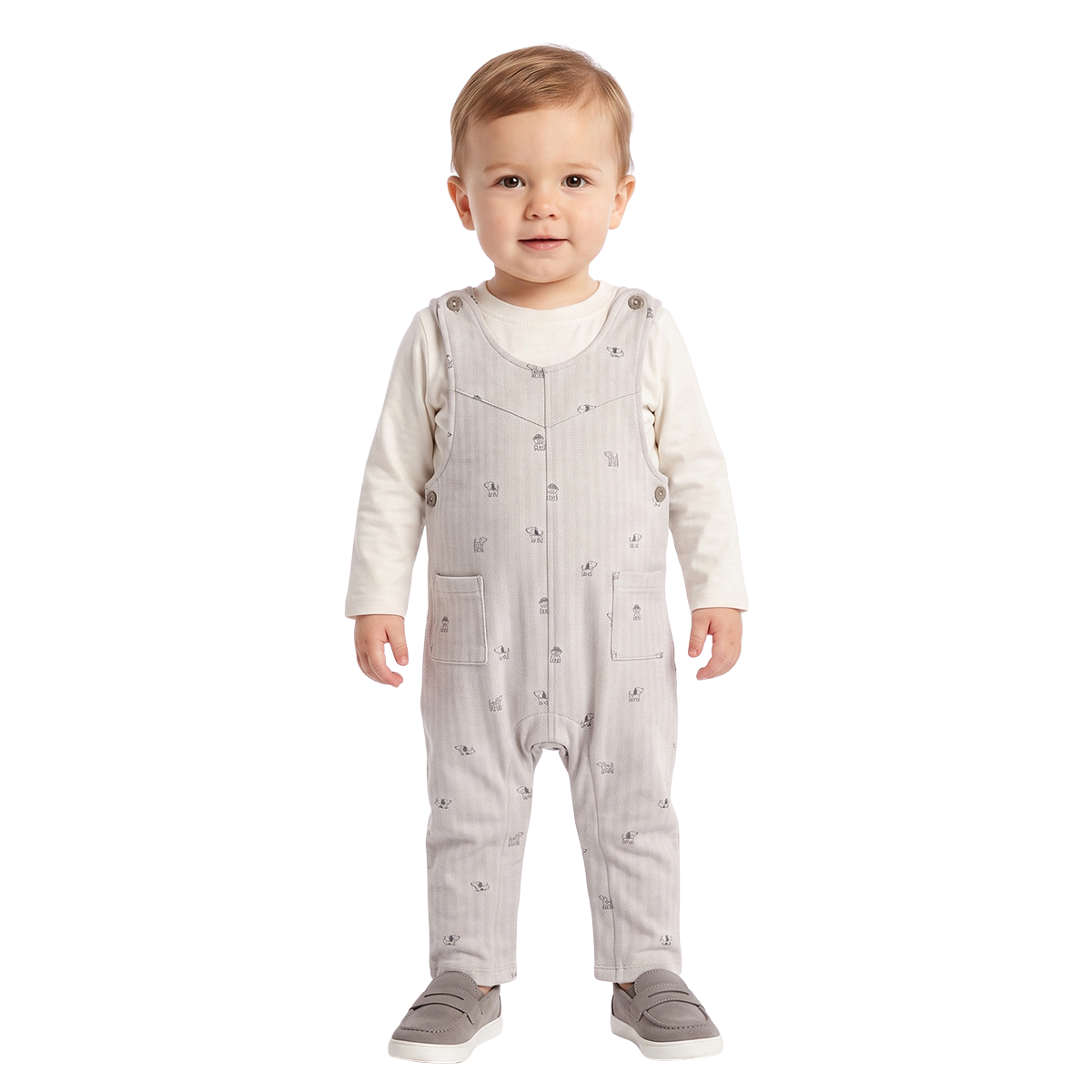 Baby Boys Grey and Off White Dog Printed Dungaree Set Pack of 1