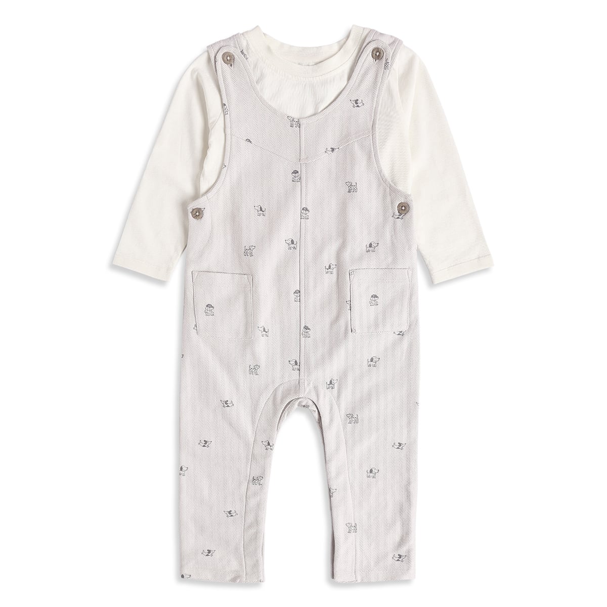 Baby Boys Grey And Off White Cotton Blend Dog Printed Dungaree Set Pack of 1 Regular Fit Casual Wear