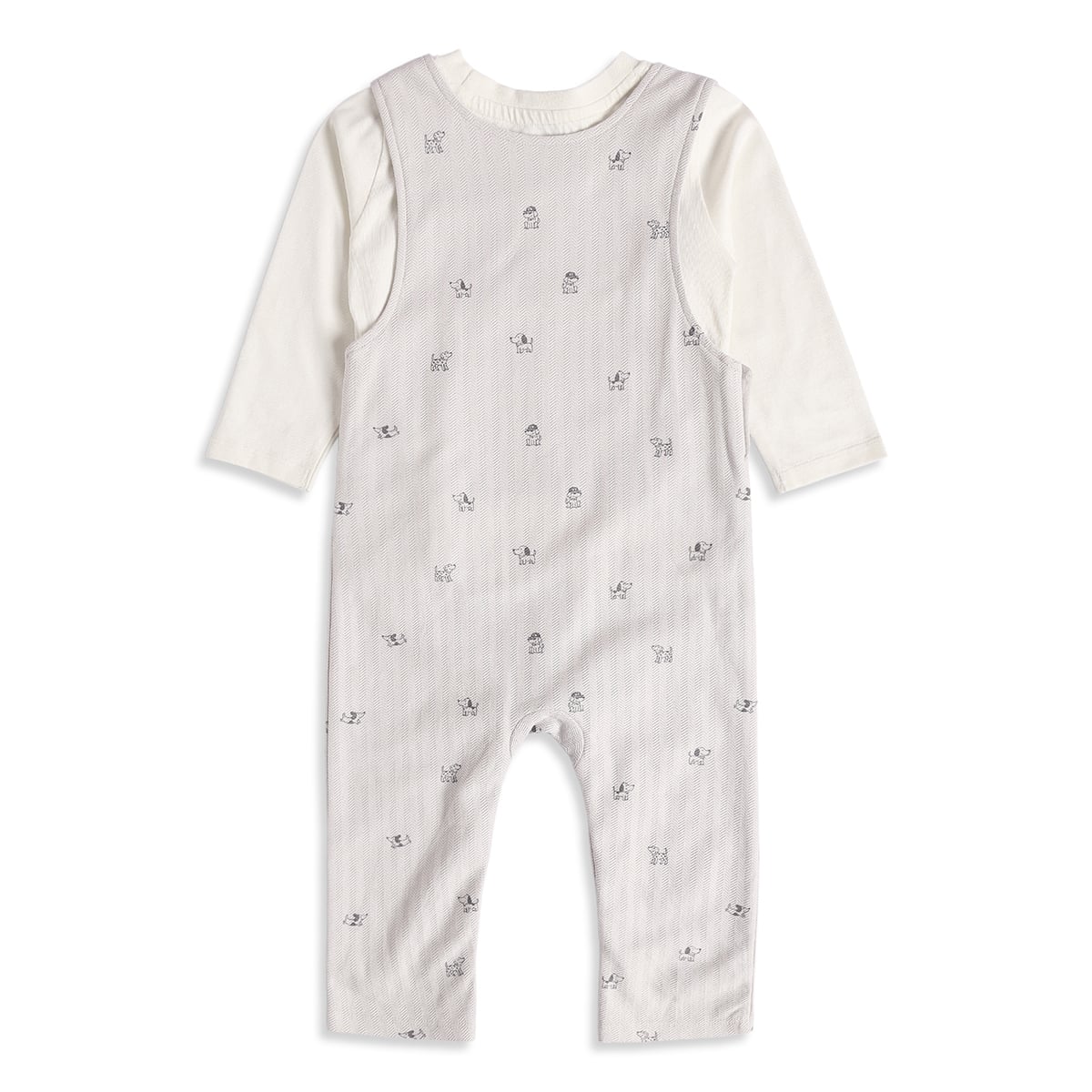 Baby Boys Grey And Off White Cotton Blend Dog Printed Dungaree Set Pack of 1 Regular Fit Casual Wear