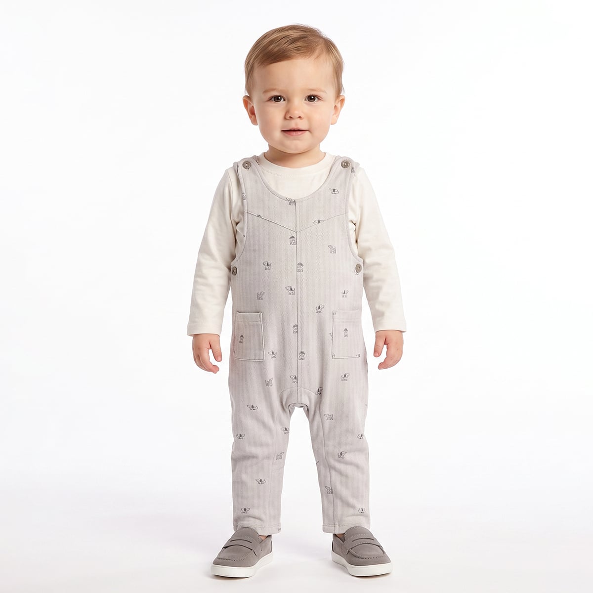 Baby Boys Grey And Off White Cotton Blend Dog Printed Dungaree Set Pack of 1 Regular Fit Casual Wear