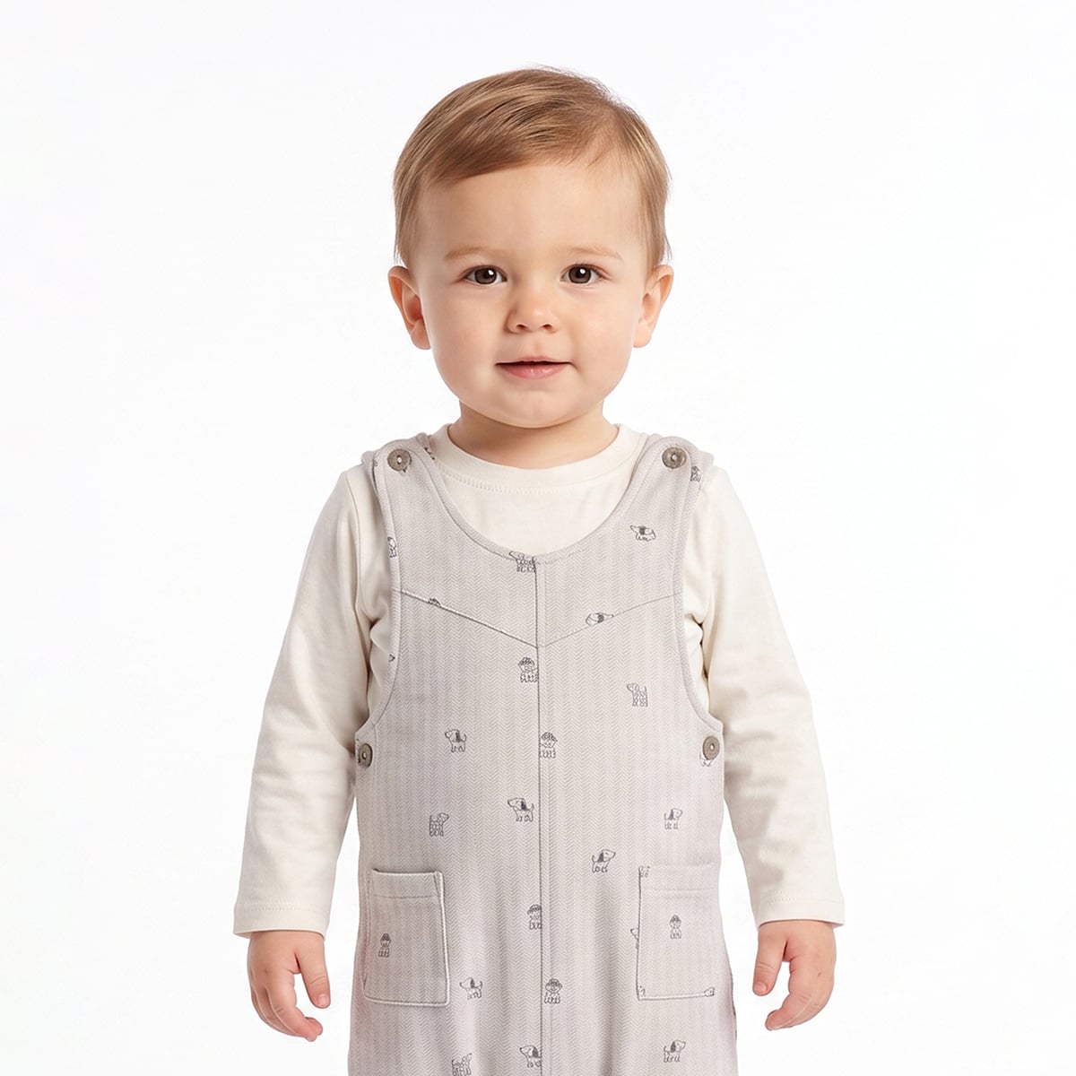 Baby Boys Grey And Off White Cotton Blend Dog Printed Dungaree Set Pack of 1 Regular Fit Casual Wear