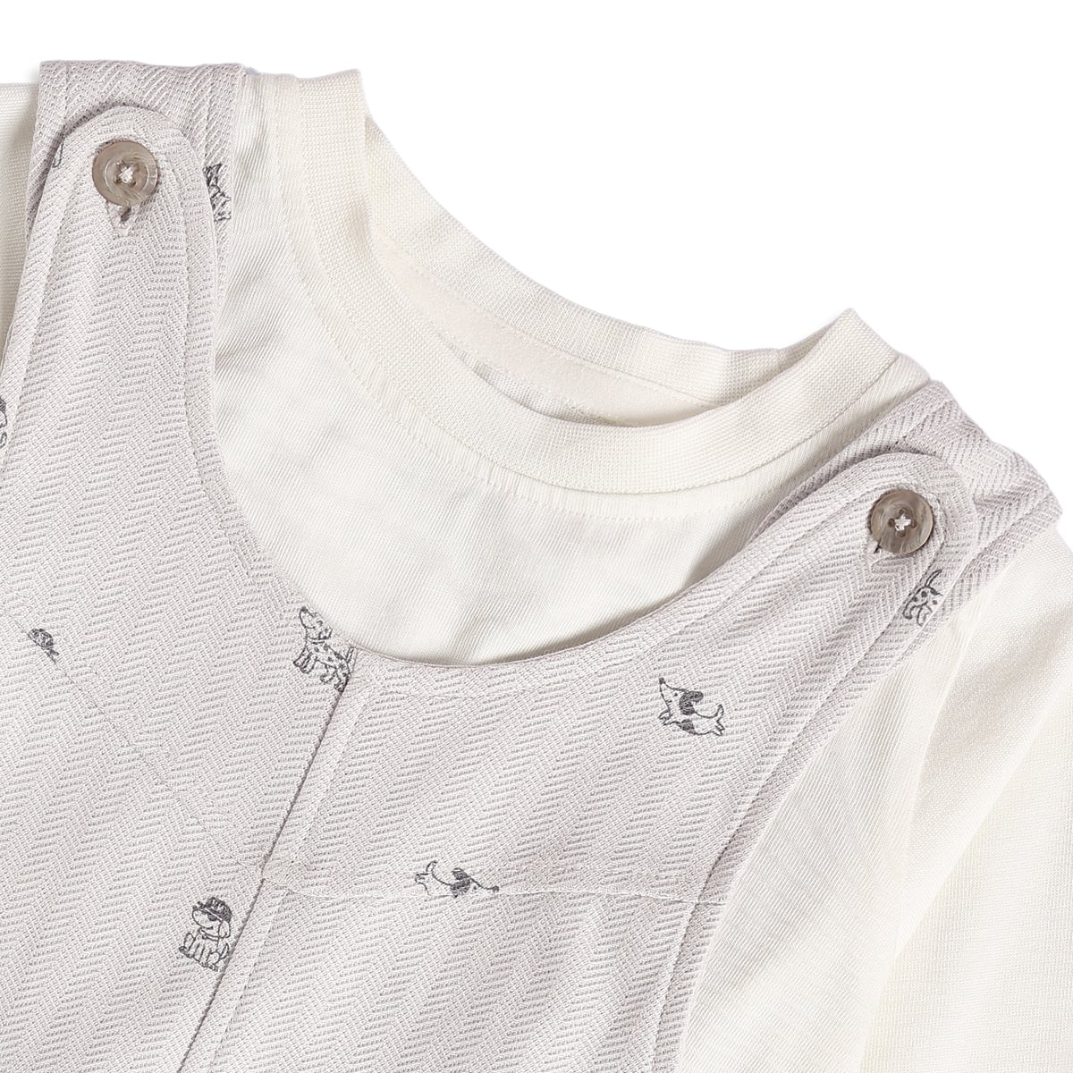 Baby Boys Grey And Off White Cotton Blend Dog Printed Dungaree Set Pack of 1 Regular Fit Casual Wear