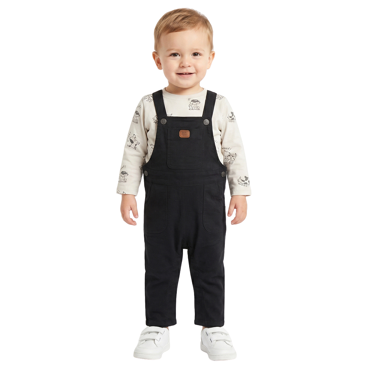 Baby Boys Black Dungaree with White Dog Print T Shirt Outfit Set