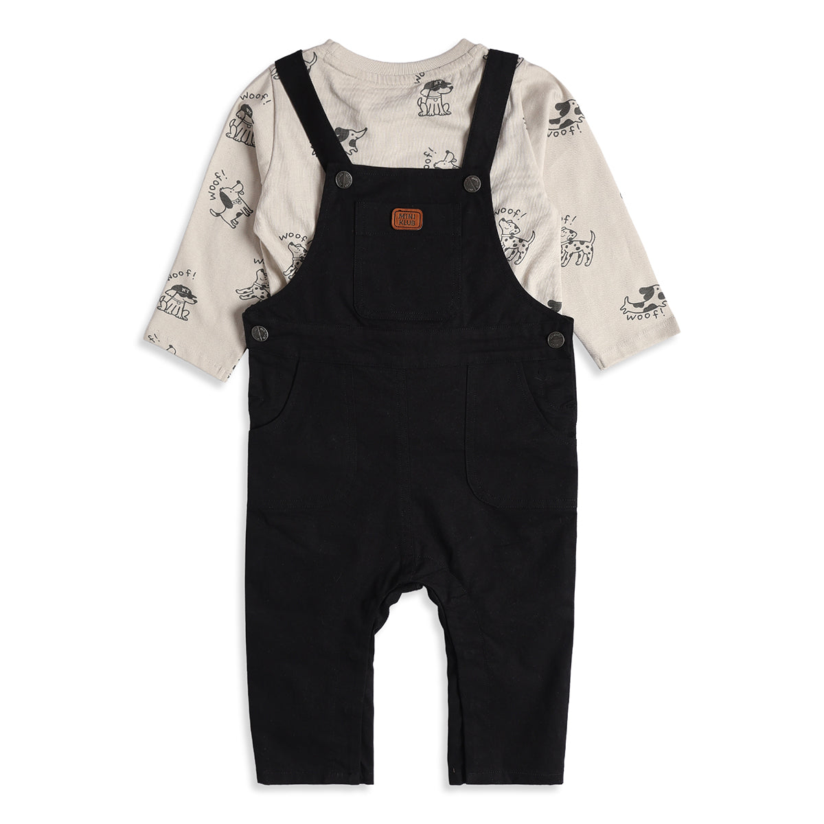 Baby Boys Black Dungaree with White Dog Print Full Sleeves T-Shirt Casual Outfit Set