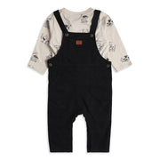 Baby Boys Black Dungaree with White Dog Print Full Sleeves T-Shirt Casual Outfit Set