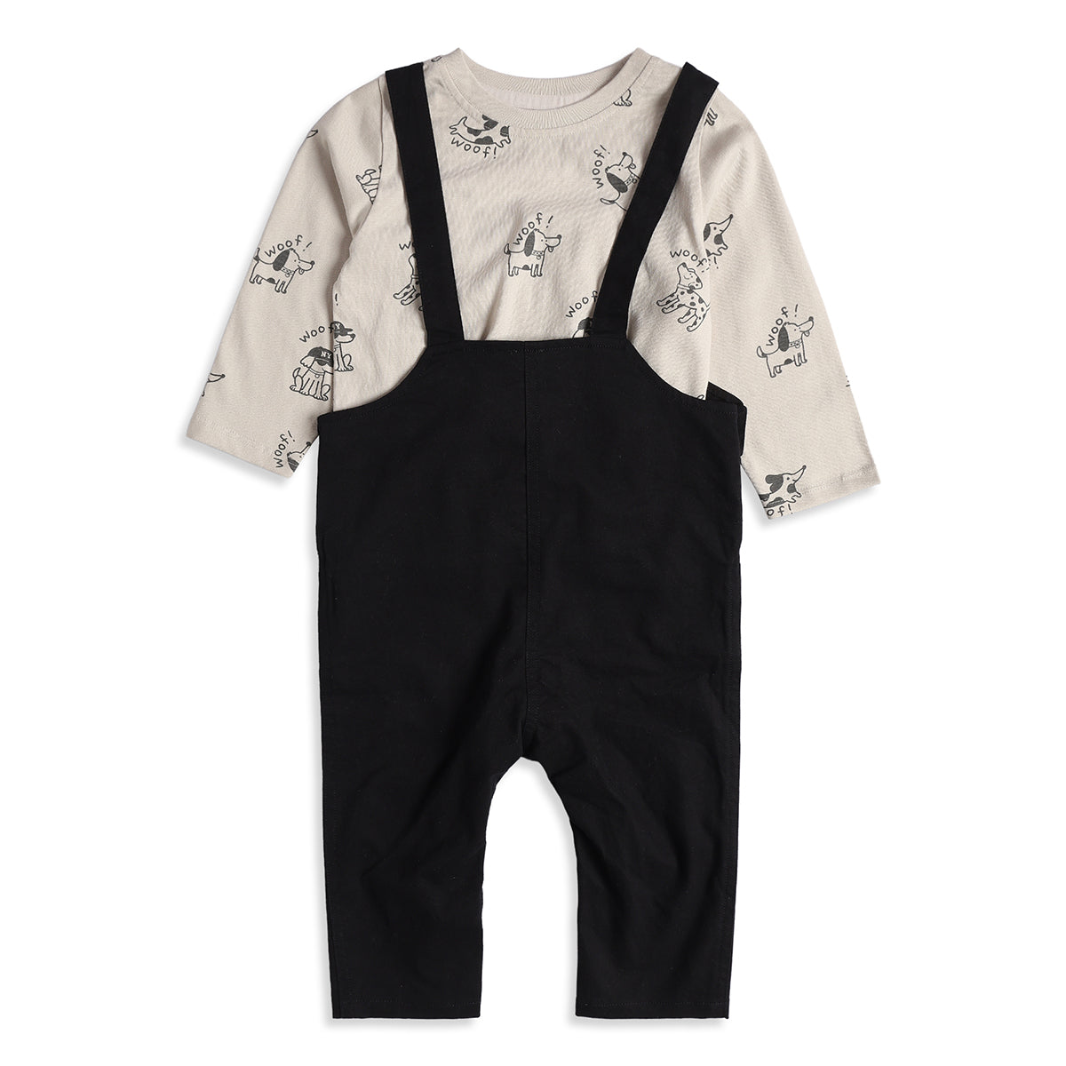 Baby Boys Black Dungaree with White Dog Print Full Sleeves T-Shirt Casual Outfit Set