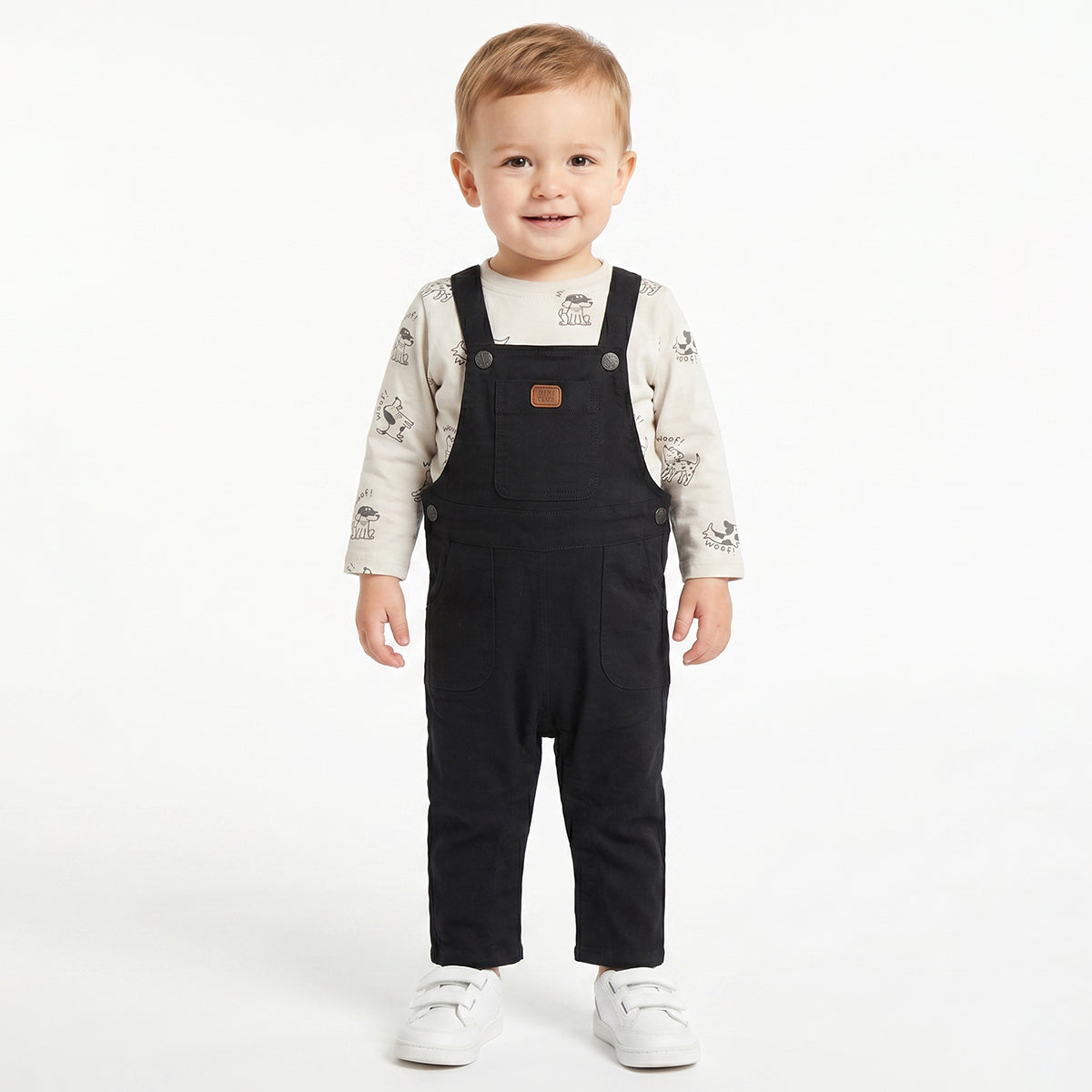 Baby Boys Black Dungaree with White Dog Print Full Sleeves T-Shirt Casual Outfit Set