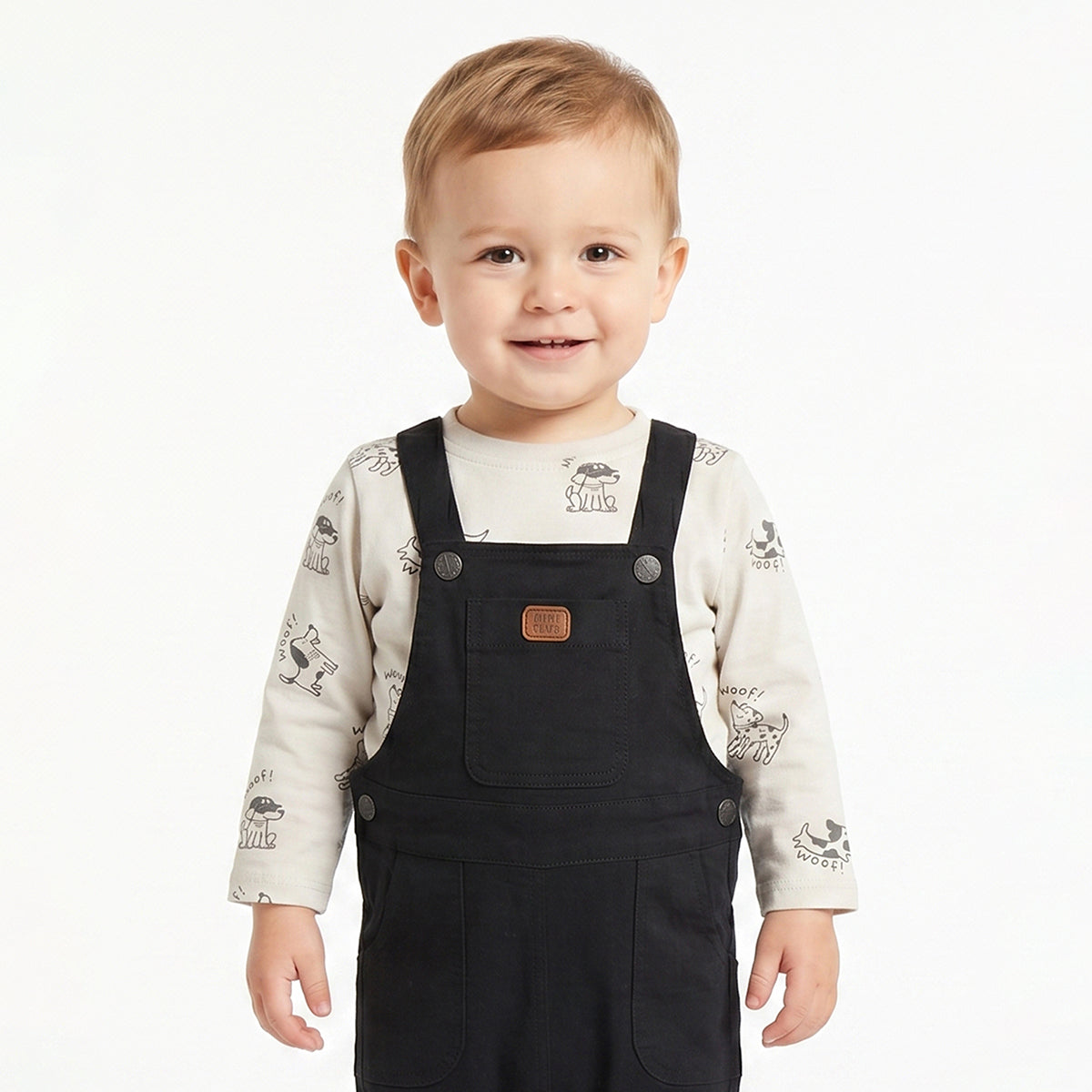 Baby Boys Black Dungaree with White Dog Print Full Sleeves T-Shirt Casual Outfit Set