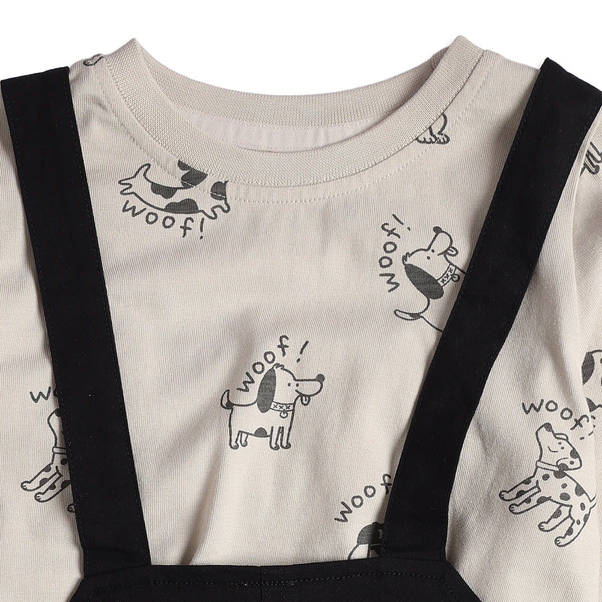 Baby Boys Black Dungaree with White Dog Print Full Sleeves T-Shirt Casual Outfit Set