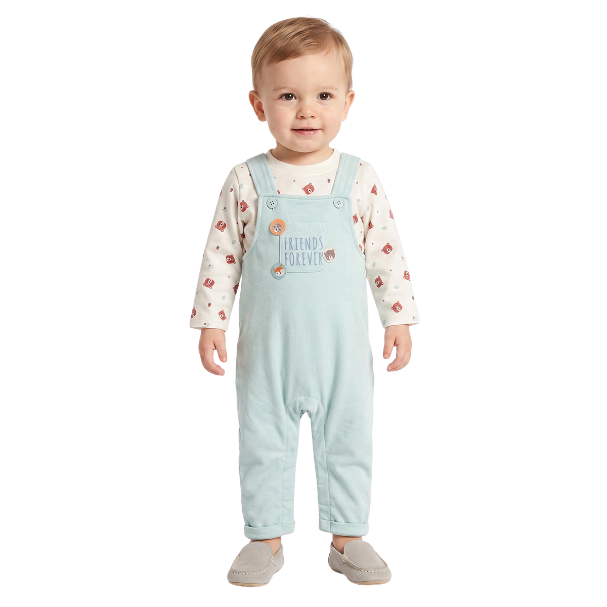 Baby Boys Mint Green and Cream Animal Printed T Shirt and Dungaree Set