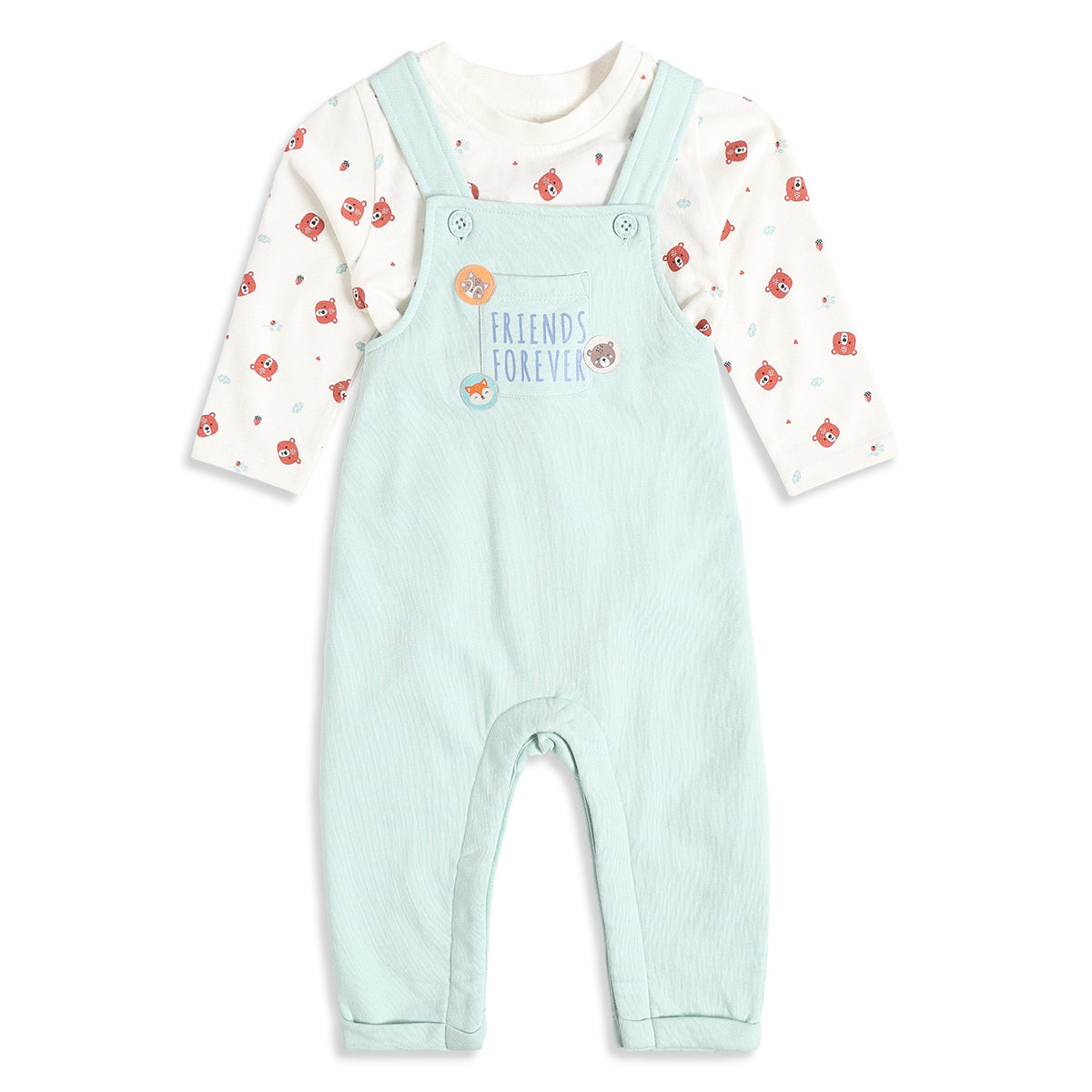 Baby Boys Mint Green and Cream Animal Printed T-Shirt and Dungaree Set Regular Fit Casual Wear