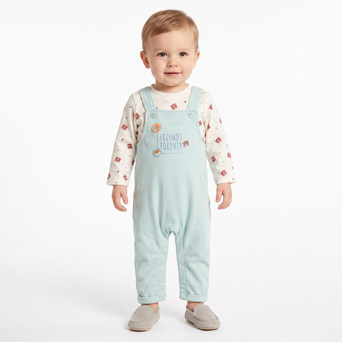 Baby Boys Mint Green and Cream Animal Printed T-Shirt and Dungaree Set Regular Fit Casual Wear