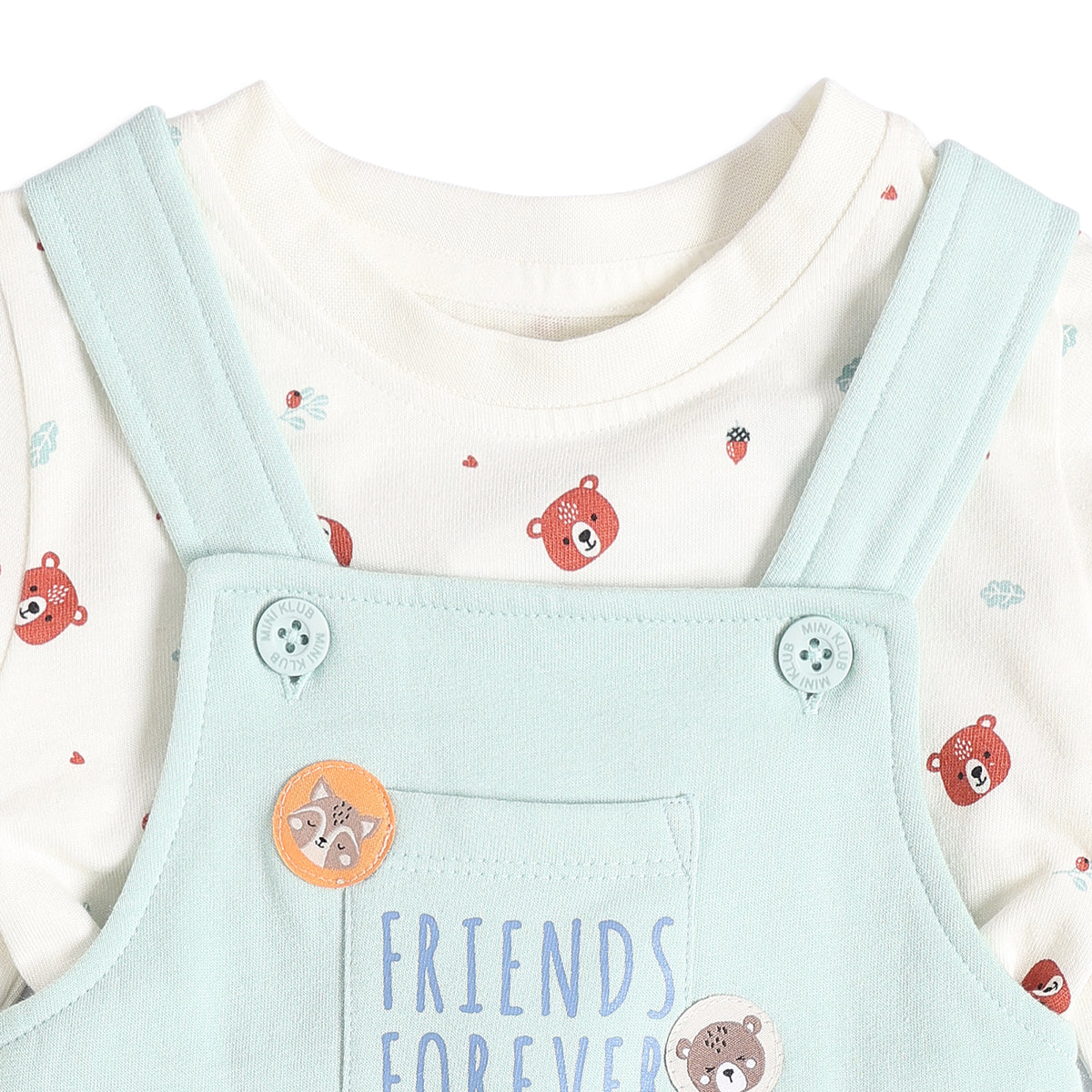 Baby Boys Mint Green and Cream Animal Printed T-Shirt and Dungaree Set Regular Fit Casual Wear
