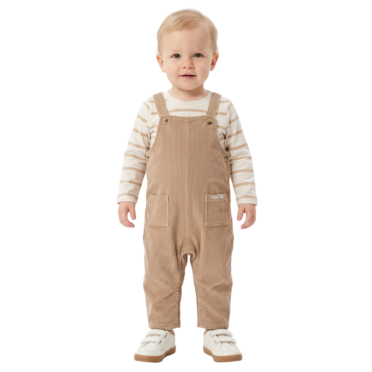 Boys Beige Corduroy Dungaree White and Beige Striped T Shirt Outfit