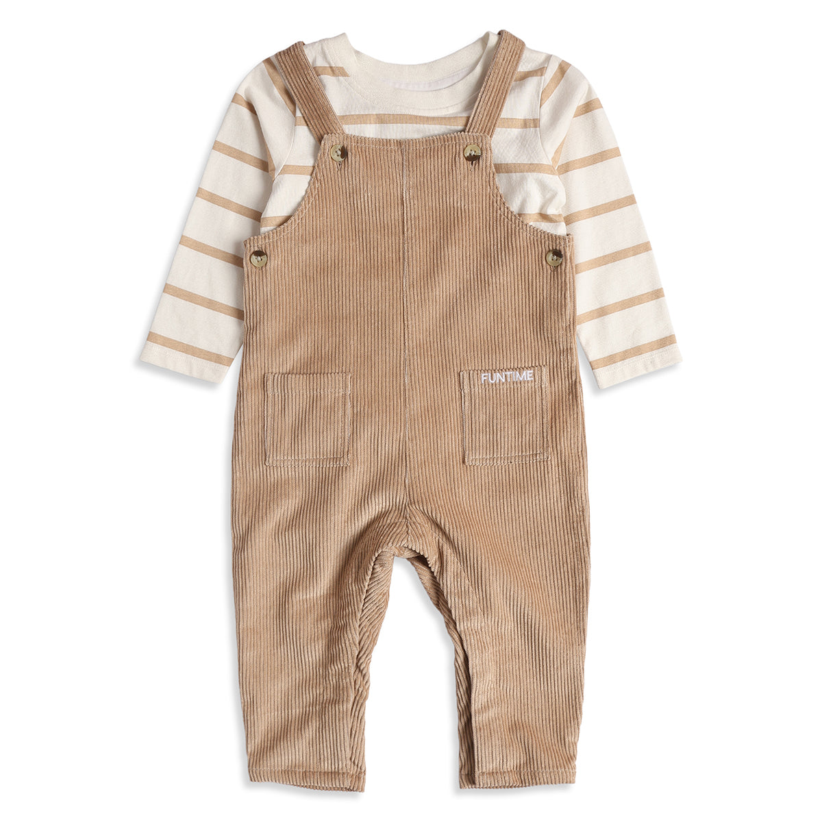Baby Boys Beige Corduroy Dungaree with White & Beige Striped Full Sleeves T-Shirt Casual Outfit Set