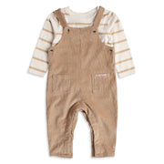 Baby Boys Beige Corduroy Dungaree with White & Beige Striped Full Sleeves T-Shirt Casual Outfit Set