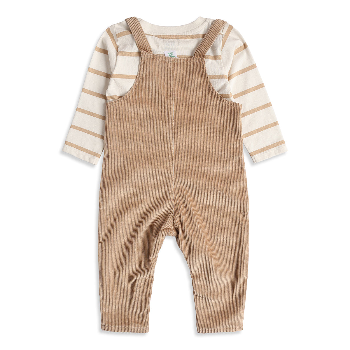 Baby Boys Beige Corduroy Dungaree with White & Beige Striped Full Sleeves T-Shirt Casual Outfit Set
