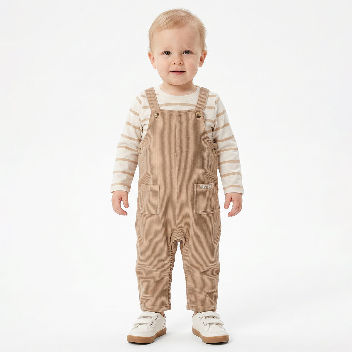 Baby Boys Beige Corduroy Dungaree with White & Beige Striped Full Sleeves T-Shirt Casual Outfit Set