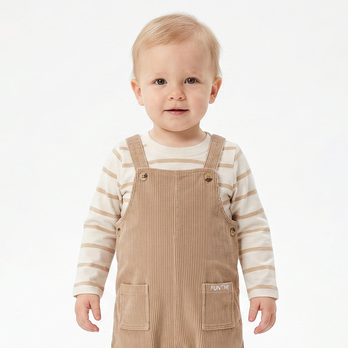Baby Boys Beige Corduroy Dungaree with White & Beige Striped Full Sleeves T-Shirt Casual Outfit Set
